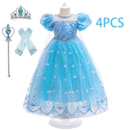 8pcs New Young Girls Frozen Elsa Party Dress Girl 2024 Cosplay Princess Gown Kids Snowflake Ice Fashion Clothes Fluffy Costumes