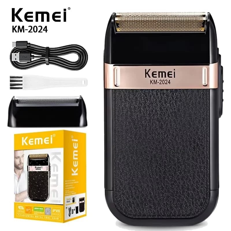Kemei KM-2024 Powerful Rechargeable Shaver for Men Waterproof Electric Shaving Machine Bald Head Electric Razor with Extra Mesh