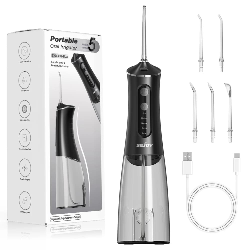 SEJOY Portable Oral Irrigator 5 Modes,350ml Tank Water Flosser for Orthodontics & Sensitive Gums, Wireless, Ideal for Travel, Family, Black
