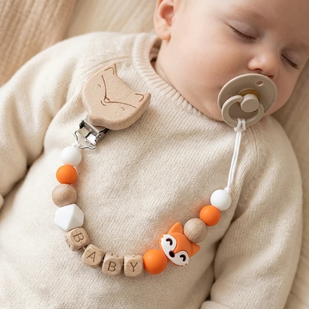 Personalized Name Fox Baby Pacifier Clip Chain Food Grade Silicone Wooden Teether Beads BPA Free Dummy Holder Infant Toy