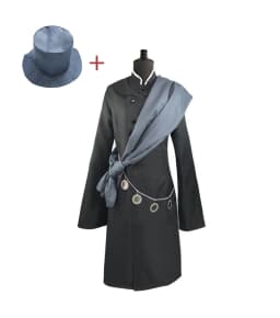 Undertaker Cosplay Costume Full Set,Gothic Vintage Long Coat With Sash Chain Top Hat Silver Wig,Halloween Carnival Fancy Outfit