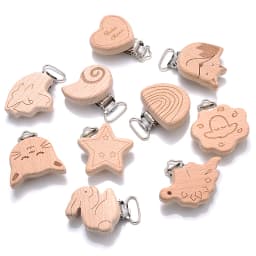 5Pcs/Lot 16 Style Beech Wooden Clip Heart Animals Rainbow Shape Dummy Clips for Baby Pacifier Chain Holder Teether Accessories