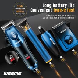 4-Piece Men's Professional Blue Hair Clipper Set, Cordless Trimmer with LED Display, Includes Razor Head and Nose Trimmer, Perfe