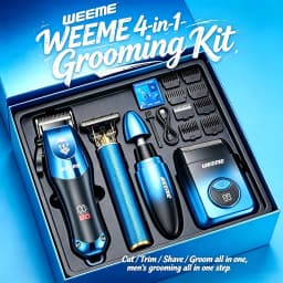 4-Piece Men's Professional Blue Hair Clipper Set, Cordless Trimmer with LED Display, Includes Razor Head and Nose Trimmer, Perfe