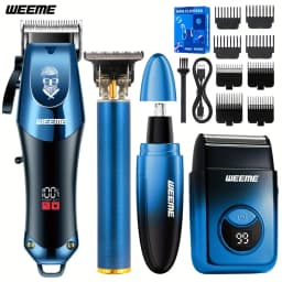 4-Piece Men's Professional Blue Hair Clipper Set, Cordless Trimmer with LED Display, Includes Razor Head and Nose Trimmer, Perfe