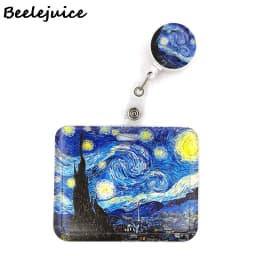 Art Van gogh Oil Painting Starry Sky ID Retractable Badge Holder Reel ID Badge Holder Clip Key Ring ID Card Keychain Nurse Work