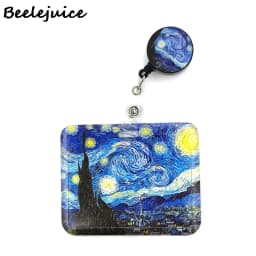 Art Van gogh Oil Painting Starry Sky ID Retractable Badge Holder Reel ID Badge Holder Clip Key Ring ID Card Keychain Nurse Work