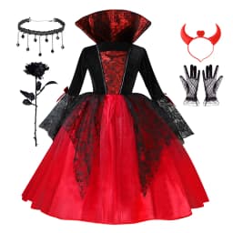 Kids Girl Vampire Devil Character Cosplay Costume Black Red Tulle Gown with Horn Accessory for Halloween Holiday Party