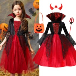 Kids Girl Vampire Devil Character Cosplay Costume Black Red Tulle Gown with Horn Accessory for Halloween Holiday Party