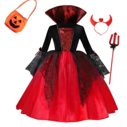 Kids Girl Vampire Devil Character Cosplay Costume Black Red Tulle Gown with Horn Accessory for Halloween Holiday Party