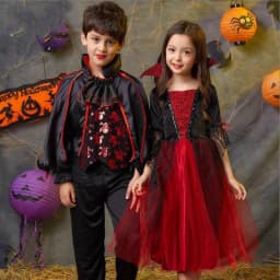 Kids Girl Vampire Devil Character Cosplay Costume Black Red Tulle Gown with Horn Accessory for Halloween Holiday Party