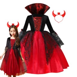 Kids Girl Vampire Devil Character Cosplay Costume Black Red Tulle Gown with Horn Accessory for Halloween Holiday Party