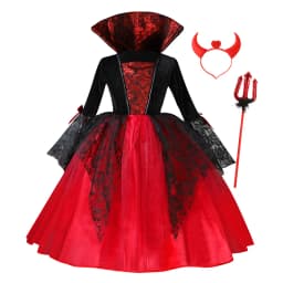 Kids Girl Vampire Devil Character Cosplay Costume Black Red Tulle Gown with Horn Accessory for Halloween Holiday Party