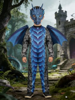Kids Dragon Cosplay Outfit Set, Snake Print Jumpsuit with Blue Dragon Wings & Matching Mask