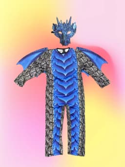 Kids Dragon Cosplay Outfit Set, Snake Print Jumpsuit with Blue Dragon Wings & Matching Mask