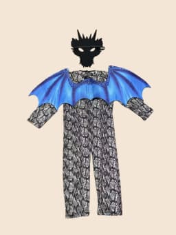 Kids Dragon Cosplay Outfit Set, Snake Print Jumpsuit with Blue Dragon Wings & Matching Mask