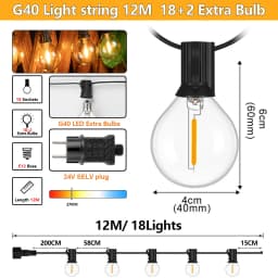 Outdoor String Lights with 24V EU Plug 8-35M/12-60 G40 Bulbs IP44 Waterproof Patio Lights Shatterproof Hanging Connectable G40 Globe LED Garland String Lights for Garden Patio Coffee Party Terrace Decor