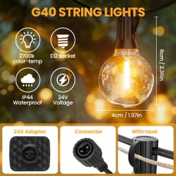 Outdoor String Lights with 24V EU Plug 8-35M/12-60 G40 Bulbs IP44 Waterproof Patio Lights Shatterproof Hanging Connectable G40 Globe LED Garland String Lights for Garden Patio Coffee Party Terrace Decor