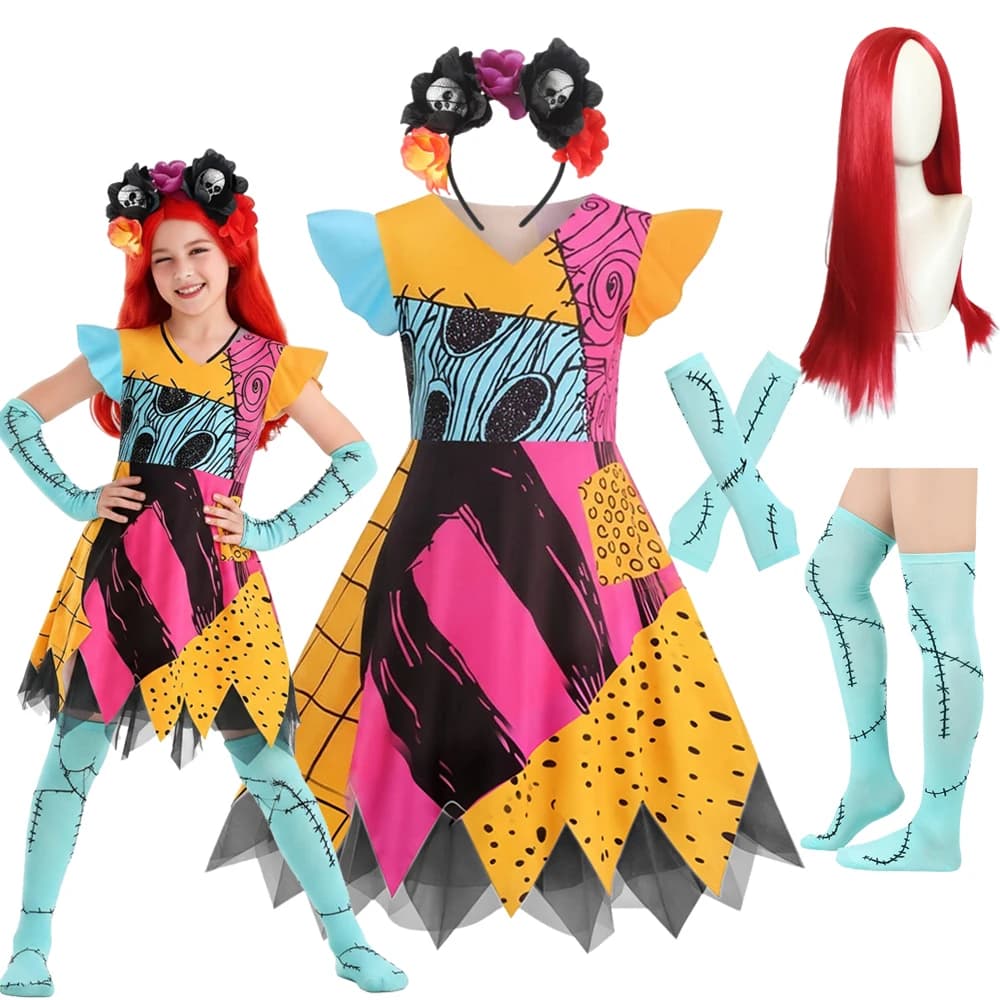 2026 Girls Horror Halloween Cosplay Party Sally Dress Xmas Children Cosplay Carnival Party Costume Outfit
