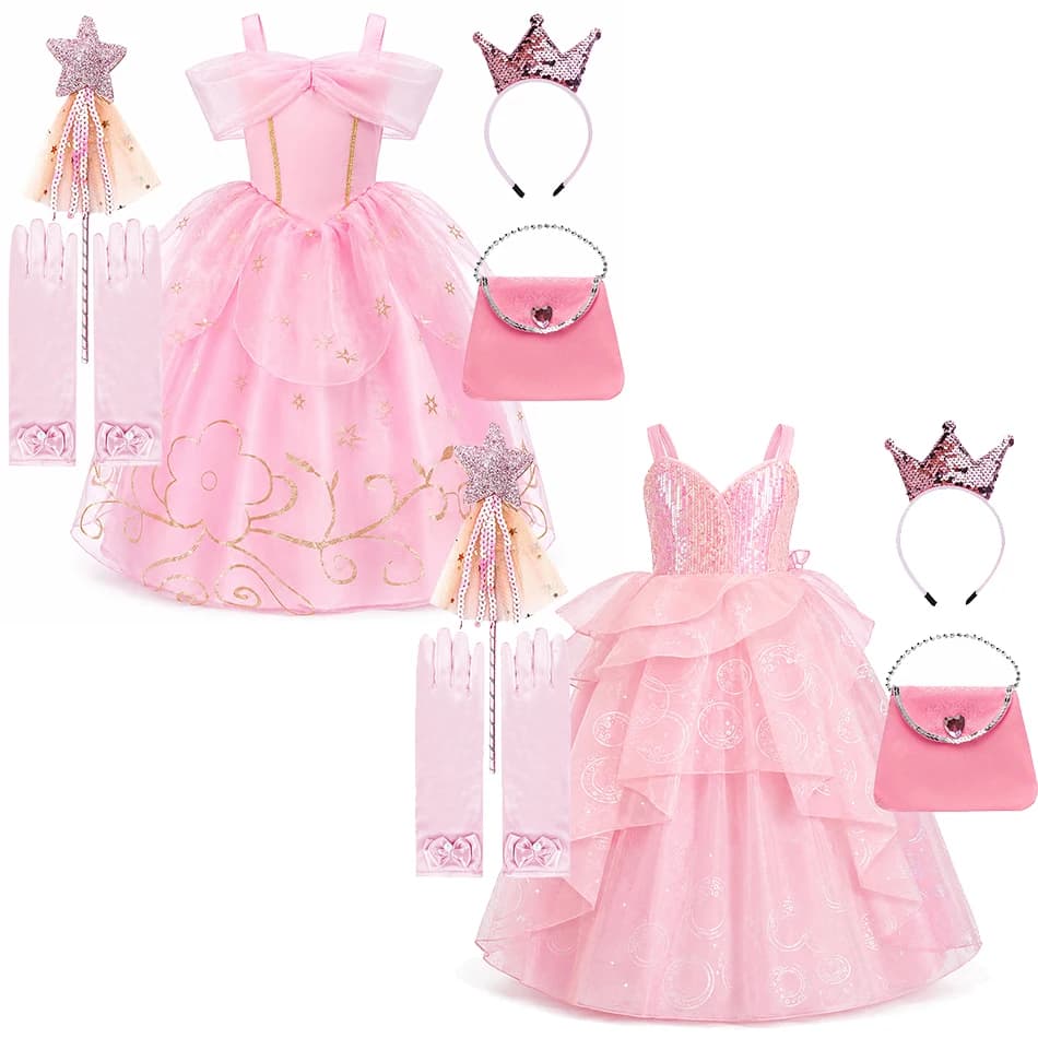 Girls Pink Princess Dress Up Set Kids Halloween Cosplay Costume Toddler Sequin Tulle Ball Gown Birthday Party Dress Book Week