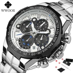 WWOOR Top Brand Luxury Sport Watch For Men Quartz Chronograph Date Luminous Black Full Steel Wrist Watch Male Clock Reloj Hombre