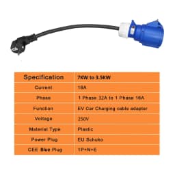32A Blue CEE Socket to 16A EU Schuko Plug Adapter 7KW to 3.5KW Electric Vehicle Charging Adapter For EV Charger Portable