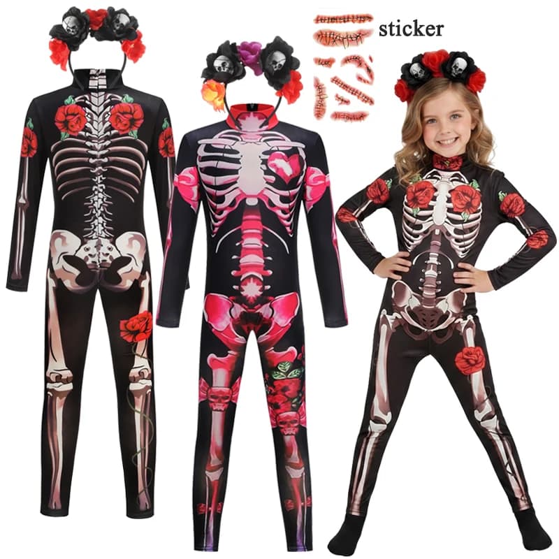 Girls Halloween Cosplay Skeleton Jumpsuit Costume Ghost Bride Gothic Bodysuit Party Kids Vestidos Clothes