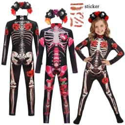 Girls Halloween Cosplay Skeleton Jumpsuit Costume Ghost Bride Gothic Bodysuit Party Kids Vestidos Clothes
