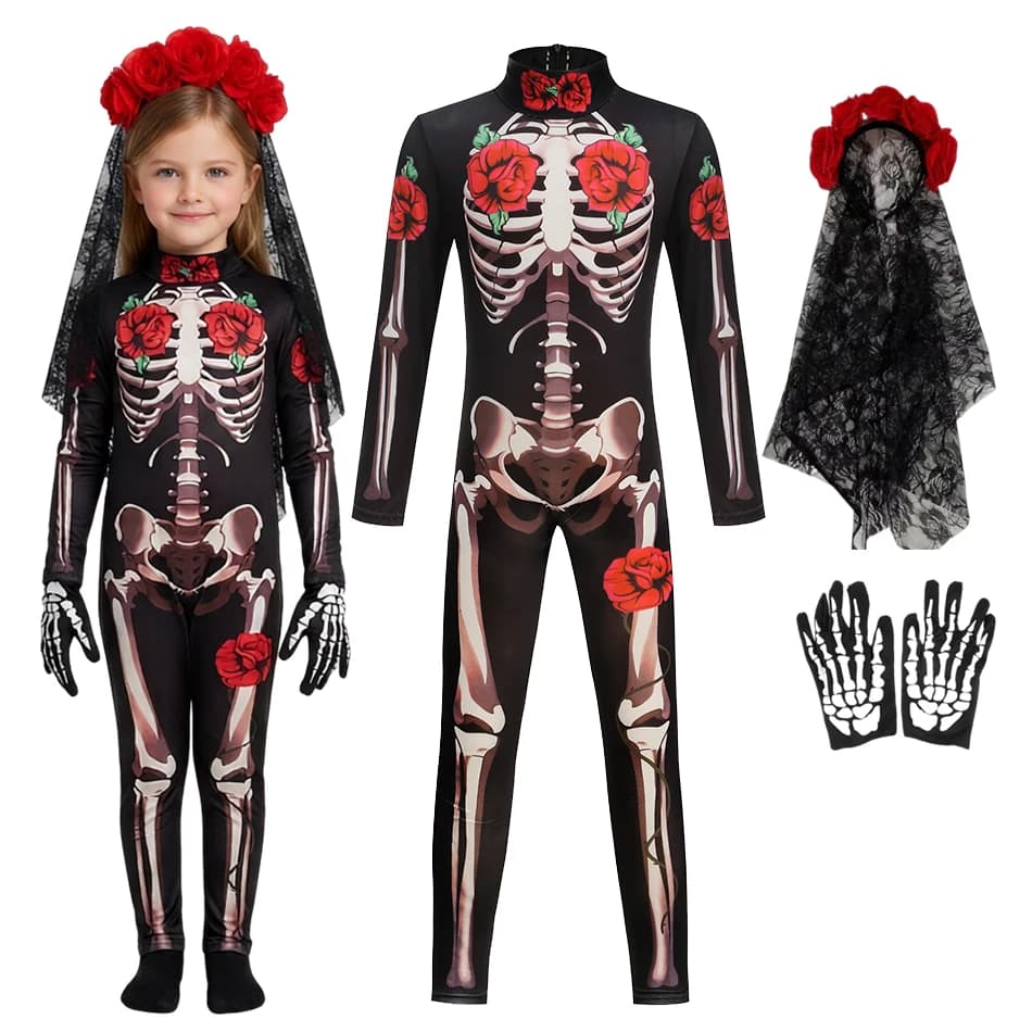Skeleton Jumpsuit For Girls Halloween Cosplay Costume Ghost Bride Gothic Bodysuit Party Kids Vestidos Clothes