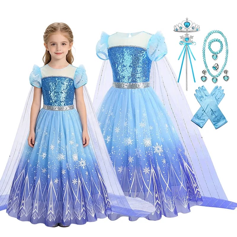 Kids Girls Ice Snow Princess Fancy Sequin Costume Dress Cape Full Accessory for Halloween Birthday Cosplay Theme Party Outfit