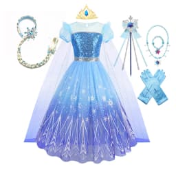 Kids Girls Ice Snow Princess Fancy Sequin Costume Dress Cape Full Accessory for Halloween Birthday Cosplay Theme Party Outfit