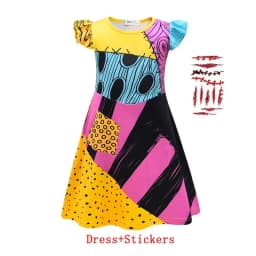 Kids Gothic Skeleton Stitched Doll Cosplay Set Striped Costume Patchwork Dress Wig Choker Halloween Carnival Party Outfit