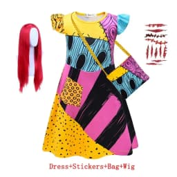Kids Gothic Skeleton Stitched Doll Cosplay Set Striped Costume Patchwork Dress Wig Choker Halloween Carnival Party Outfit