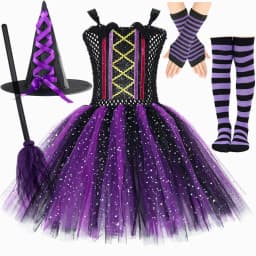 Kids Sparkle Purple Black Bat Witch Costumes Girls Halloween Tutu Dress with Cape Hat Broom Children Carnival Party Fancy Outfit