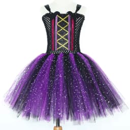 Kids Sparkle Purple Black Bat Witch Costumes Girls Halloween Tutu Dress with Cape Hat Broom Children Carnival Party Fancy Outfit