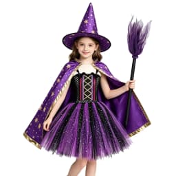 Kids Sparkle Purple Black Bat Witch Costumes Girls Halloween Tutu Dress with Cape Hat Broom Children Carnival Party Fancy Outfit