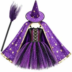 Kids Sparkle Purple Black Bat Witch Costumes Girls Halloween Tutu Dress with Cape Hat Broom Children Carnival Party Fancy Outfit