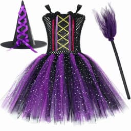 Kids Sparkle Purple Black Bat Witch Costumes Girls Halloween Tutu Dress with Cape Hat Broom Children Carnival Party Fancy Outfit