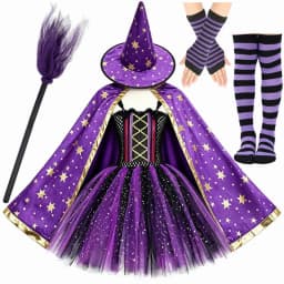 Kids Sparkle Purple Black Bat Witch Costumes Girls Halloween Tutu Dress with Cape Hat Broom Children Carnival Party Fancy Outfit