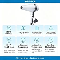 WETECH 2000W Professional Negative Ionic Hair Dryer Adjustable Temperature Speed Blow Dryer With Concentrator Nozzle Home Salon Hair Styling Tool 100-240V Dual Voltage