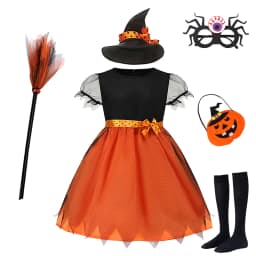 Girls Halloween Witch Costume Children Cosplay Vampire Dresses with Pointed Hat Kids Carnival Party Cosplay Fancy Dress