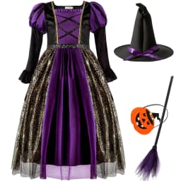 Girls Halloween Witch Costume Children Cosplay Vampire Dresses with Pointed Hat Kids Carnival Party Cosplay Fancy Dress