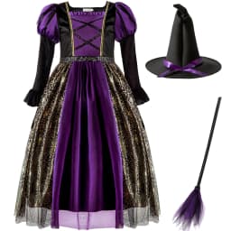 Girls Halloween Witch Costume Children Cosplay Vampire Dresses with Pointed Hat Kids Carnival Party Cosplay Fancy Dress