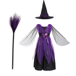 Girls Halloween Witch Costume Children Cosplay Vampire Dresses with Pointed Hat Kids Carnival Party Cosplay Fancy Dress