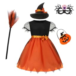 Girls Halloween Witch Costume Children Cosplay Vampire Dresses with Pointed Hat Kids Carnival Party Cosplay Fancy Dress