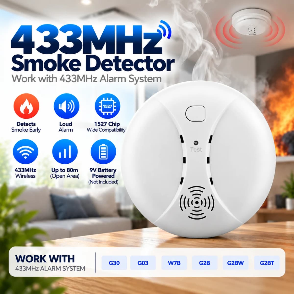 433MHz Wireless Fire Protection Smoke alarm Detector Alarm Sensors Work with Tuya WIFI GSM home security Alarm Systems
