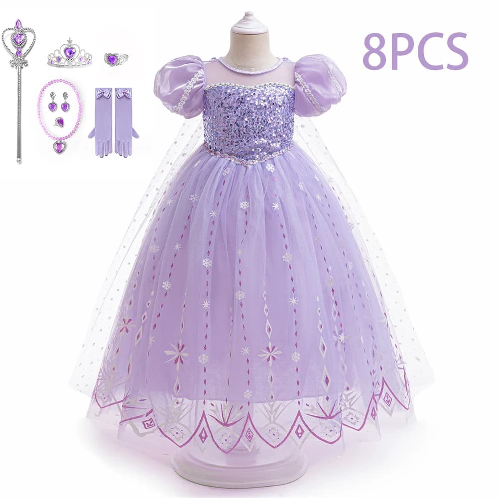 Girls 8pcs Sequin Elsa Princess Gown Girl Frozen Cosplay Party Dress Young Kids Shining Snowflake Clothes Fashion Evening Gown
