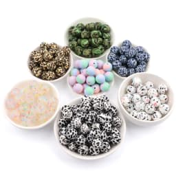LOFCA 20pcs Tie dye leopard Terrazzo Dalmatian camo Silicone Loose Beads Teething Beads DIY Chewable Baby Safe Teether Round