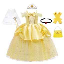 Girls Belle Cosplay Costumes Girls Dresses for Beauty Kids Party Clothing Magic Stick Crown Children Yellow Dress and The Beast