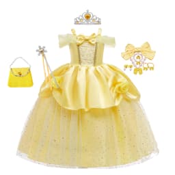 Girls Belle Cosplay Costumes Girls Dresses for Beauty Kids Party Clothing Magic Stick Crown Children Yellow Dress and The Beast